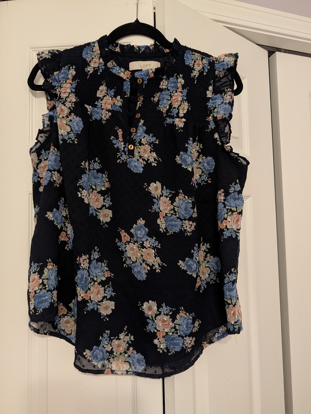 LOFT Navy Blue Floral Ruffle Cap-Sleeve Blouse